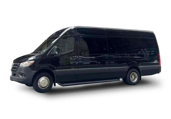 Black Mercedes-Benz Sprinter executive van, full side profile